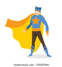 Vector illustration in flat design of male superhero in funny comics costume