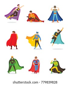 Vector illustration in flat design of male superheroes in funny comics costume