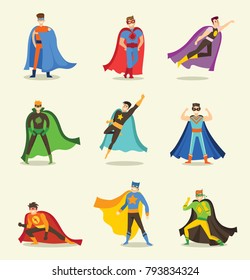 Vector illustration in flat design of male superheroes in funny comics costume