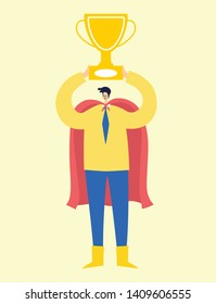 Vector illustration in flat design of man superhero in funny comics costume with trophy