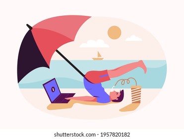 An vector illustration flat design of A man doing yoga aside the beach in summer vacation. Yoga exercising and meditation outdoors. 