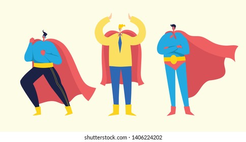 Vector illustration in flat design of men superheros in funny comics costume