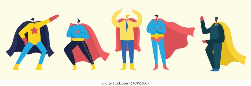 Vector illustration in flat design of men superheros in funny comics costume