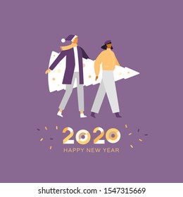 Vector illustration, flat design. Merry Christmas and Happy new year. Loving couple holding Christmas tree. Web banner, poster, card, flyer. Square format. Cartoon fun characters. 