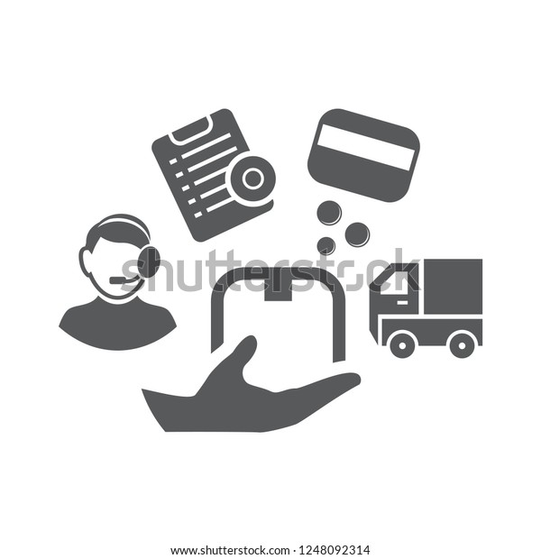 Vector illustration. Flat design. Monohrome. Parcel\
on a hand and icons of the person, the document, the cash card and\
the car.