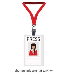 Vector illustration flat design name tag badge template. White plastic lanyard badge with woman photo for press 