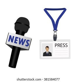 Vector illustration flat design name tag badge template. White plastic lanyard badge with man photo for press and journalist microphone 