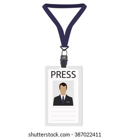 Vector illustration flat design name tag badge template. White plastic lanyard badge with man photo for press 