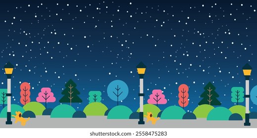 Vector illustration flat design of night garden atmosphere with decorated with some garden lights, trees, grass and excited yellow dogs.