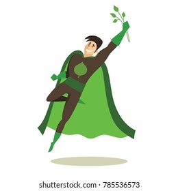 Vector illustration in flat design ofmale eco superhero in funny comics costume isolated on the white background