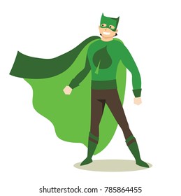 Vector illustration in flat design ofmale eco superhero in funny comics costume isolated on the white background