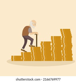 Vector Illustration Flat Design Old Man Step Up On Money Coin Savings For Concept Investment Mutual Fund Finance And Pension Retirement Provident Fund 