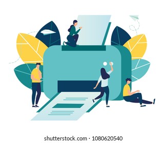 Vector illustration, a flat design on a white background, multifunction printer scanner, printing, people print documents vector