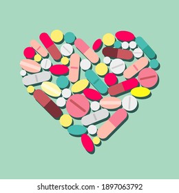 vector illustration in flat design on the theme of Valentine's Day during the quarantine period. heart lined from medical multicolored pills on a turquoise background. all elements are isolated.