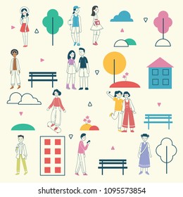 Vector illustration in flat design of people outdoor in the park on weekend