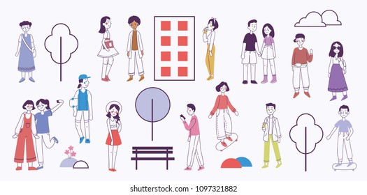 Vector illustration in flat design of people outdoor in the park on weekend