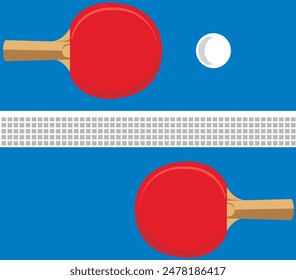 Ilustración vectorial, diseño plano de raquetas de ping pong y pelota con una mesa de ping pong abstracta en el fondo