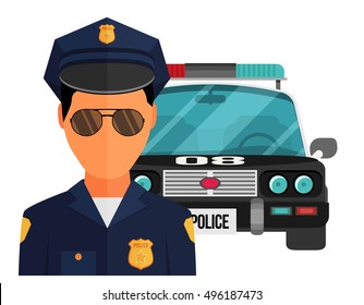 Vector illustration, flat design. Police officer with car