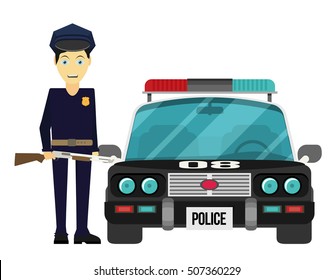 Vector illustration, flat design. Police officer with car