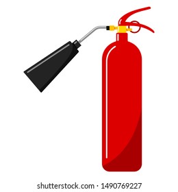 Vector illustration of flat design red fire extinguisher with nozzle icon in cartoon style. Single silhouette portable fire equipment sign isolated on white background.