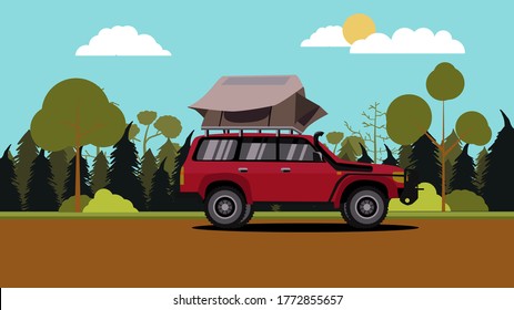 Vector illustration of flat design red off road vehicle car camping with roof top tent with nature scene