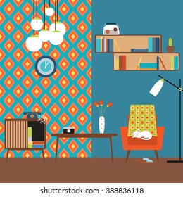 Vector illustration of a flat design. Room in the style of 70's