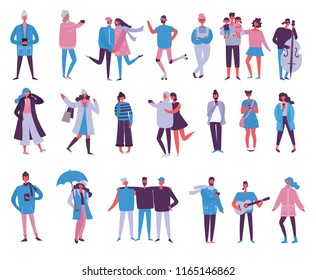 Vector illustration in flat design of season different people with phones, musical instruments and other