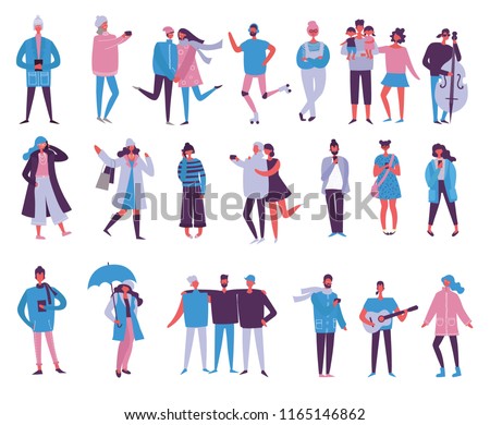 Vector illustration in flat design of season different people with phones, musical instruments and other
