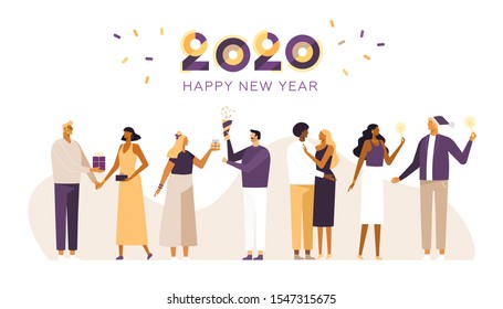 Vector illustration, flat design. Set of cartoon characters. People celebrate. Merry Christmas and Happy new year 2020. People with gifts, sparklers. Web banner, poster, card, flyer. Isolated on white