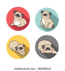 Vector illustration flat design set logo of pug dog.Doodle style.