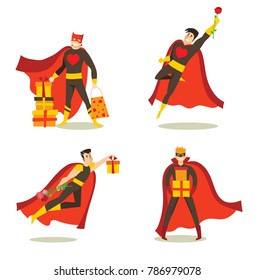 Vector illustration in flat design of set of Valentine Superheroes in love with flowers and presents