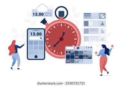 vector illustration of Flat design illustration showcasing time management and productivity tools, including clocks, mobile apps, and digital reminders, for efficient scheduling and task organization