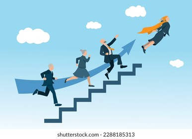 vector illustration in flat design showing a group of businessmen and women climbing a staircase in the sky to fly away. Symbol of career success
