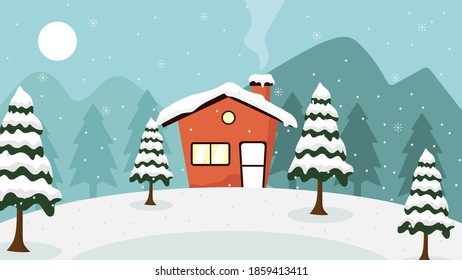 vector illustration of flat design snowy winter landscape background