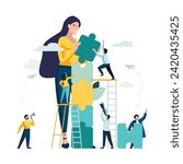 Vector illustration in flat design style. Puzzle, little people, connecting elements. Symbol of teamwork, cooperation, partnership. Puzzles are a great element of teamwork and finding business ideas