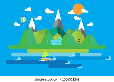 Vector illustration in flat design style. nature rainy season landscape. house in the mountains. balloon with rain. sailboat with wave.
