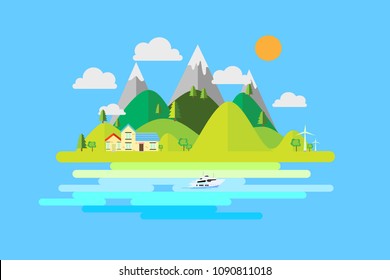  Vektorgrafik im flachen Design-Stil. Natursommerlandschaft. klarer Himmel. Haus in den Bergen. Meer mit Schiff. 