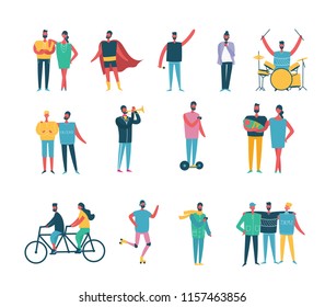 Vector illustration in flat design of style hipster man and his daily activities