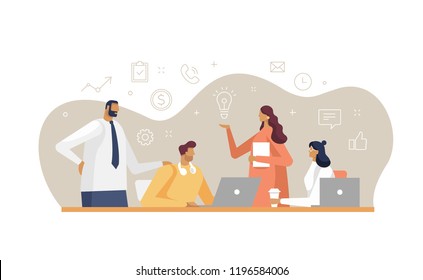 Vector Illustration In Flat Design Style With Business Concept. Young Workers With Line Business Icons. Brainstorming Around The Table. White Background Isolated 