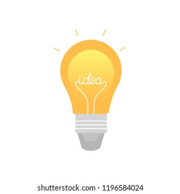 Vector illustration in flat design style, white isolated. Light bulb with rays shine. Bulb with the word of idea. Energy and idea symbol. Design template for your banner, poster, card, clothes, prints