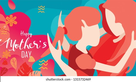 Vector illustration flat design style happy mother's day! Child daughter running and hugging to her mum to congratulate with liquid shape background with living coral color trendy 2019. - vector