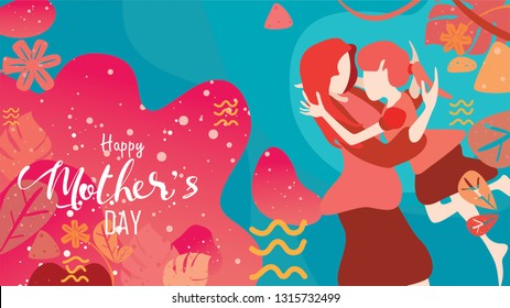 Vector illustration flat design style happy mother's day! Child daughter running and hugging to her mum to congratulate with liquid shape background with living coral color trendy 2019. - vector