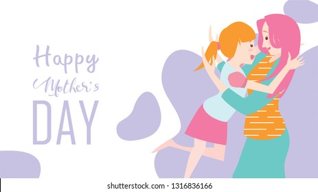Vector illustration flat design style happy mother's day! Child daughter running and hugging to her mum to congratulate with liquid shape background. Colorful flat cartoon style. - vector