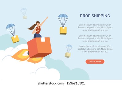 Vector illustration flat design style. Woman on the fast rocket parcel in the sky among dropshiping box. Fast shipping, Better ,Best ,Winner, Success, Innovation dropship concept.