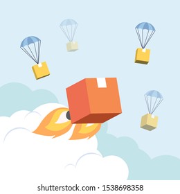 Vector illustration flat design style.  fast rocket parcel in the sky among dropshiping box. 