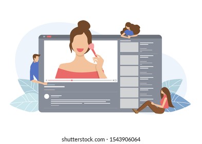 Vector illustration flat design style. young women teaching makeup skill through internet. Video guide.