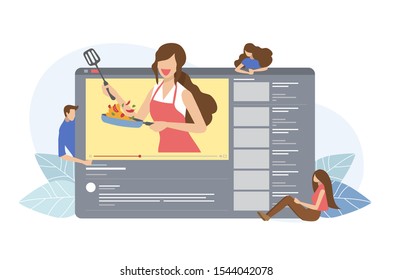 Vector illustration flat design style. young women teaching cooking skill through internet. Video guide.