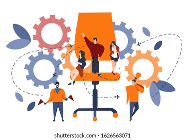 Vector illustration in flat design style with teamwork leadership concept. Young workers with gear icons. White background isolated
