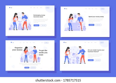 Vector Illustration flat design style, man and woman doing money changer, dollar to euro, saving money on wallet, money setting strategy, money growth
