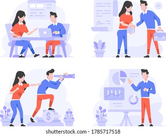 Vector Illustration flat design style, man and woman doing discussion of meeting, deal agreement, seeing company vision, presentation